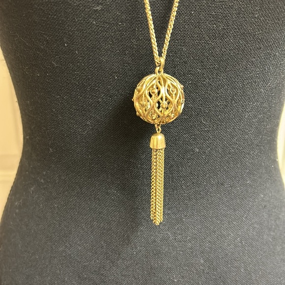 Lucky gold necklace with ball with crystals and tassel, 32” - Picture 2 of 7